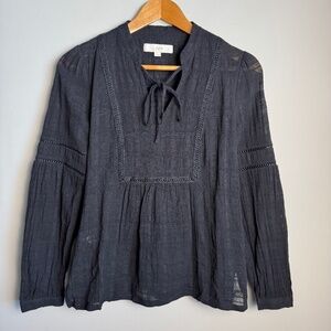 LOFT Women's Small Sheer Blouse Long Sleeve Tie V-Neck Boho Whimsigoth‎ Black